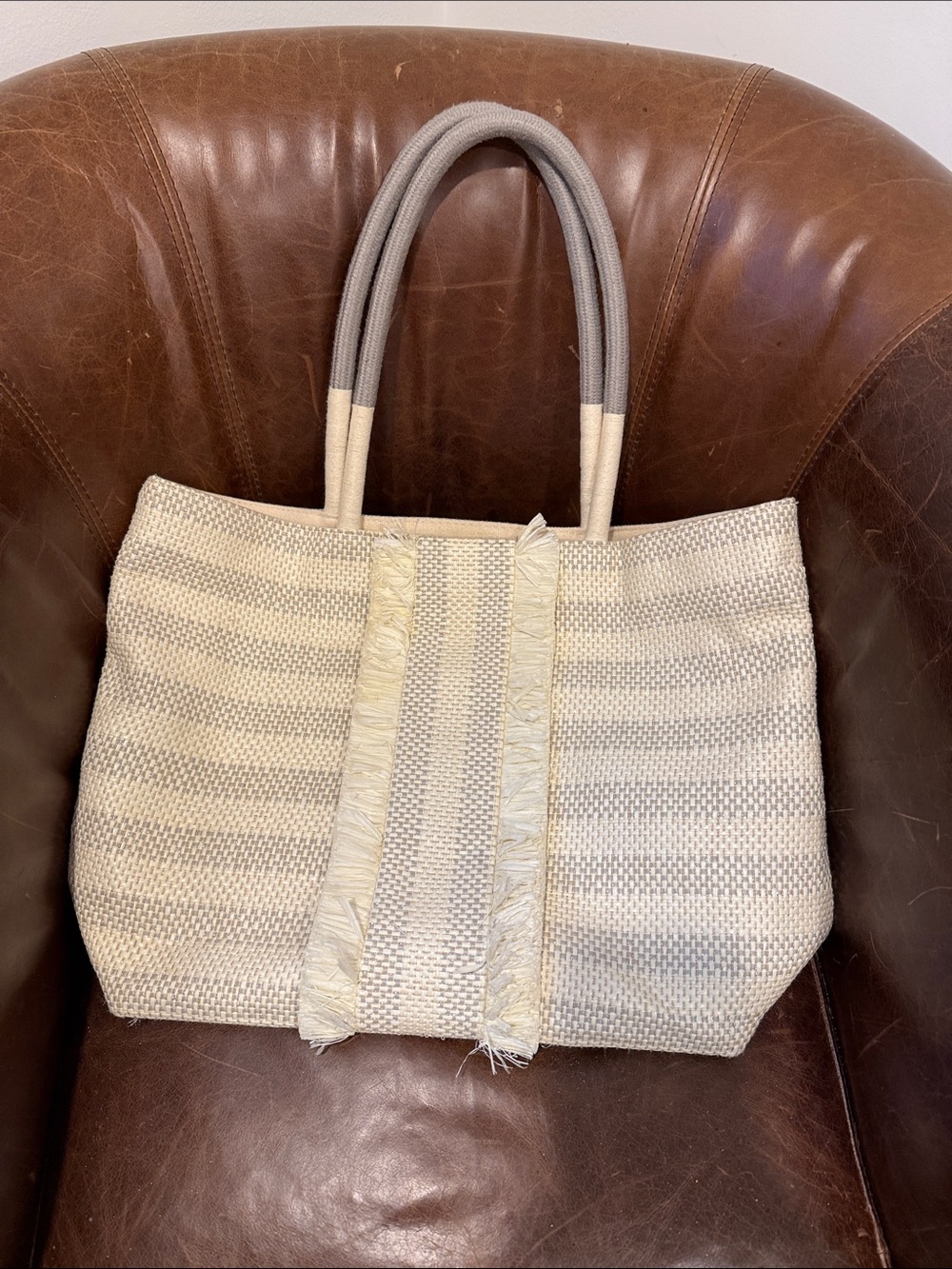 Woven Striped Tote Bag in Cream and Gray